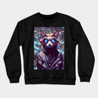 Cool Japanese Techno Cat In Future World Japan Neon City Crewneck Sweatshirt